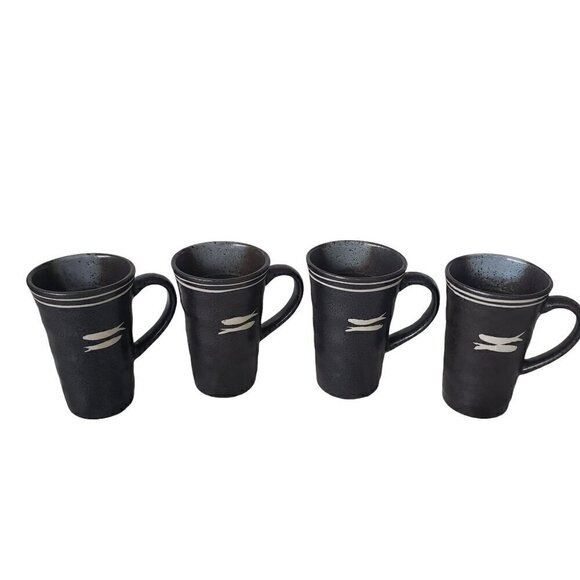 Stoneware Black Matte Glazed Tea Coffee Mugs Set of 4 Primitive Fish Design - Picture 2 of 11